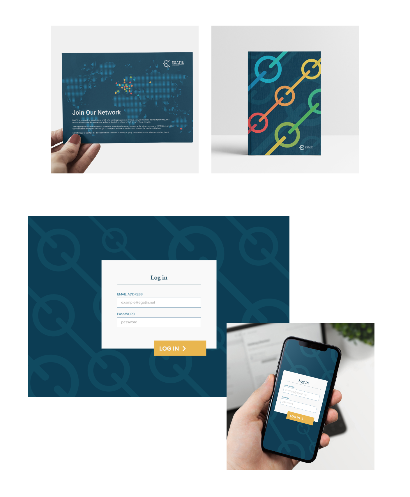 egatin visual identity - various implementation of design elements: flyer design, book cover and log in modal