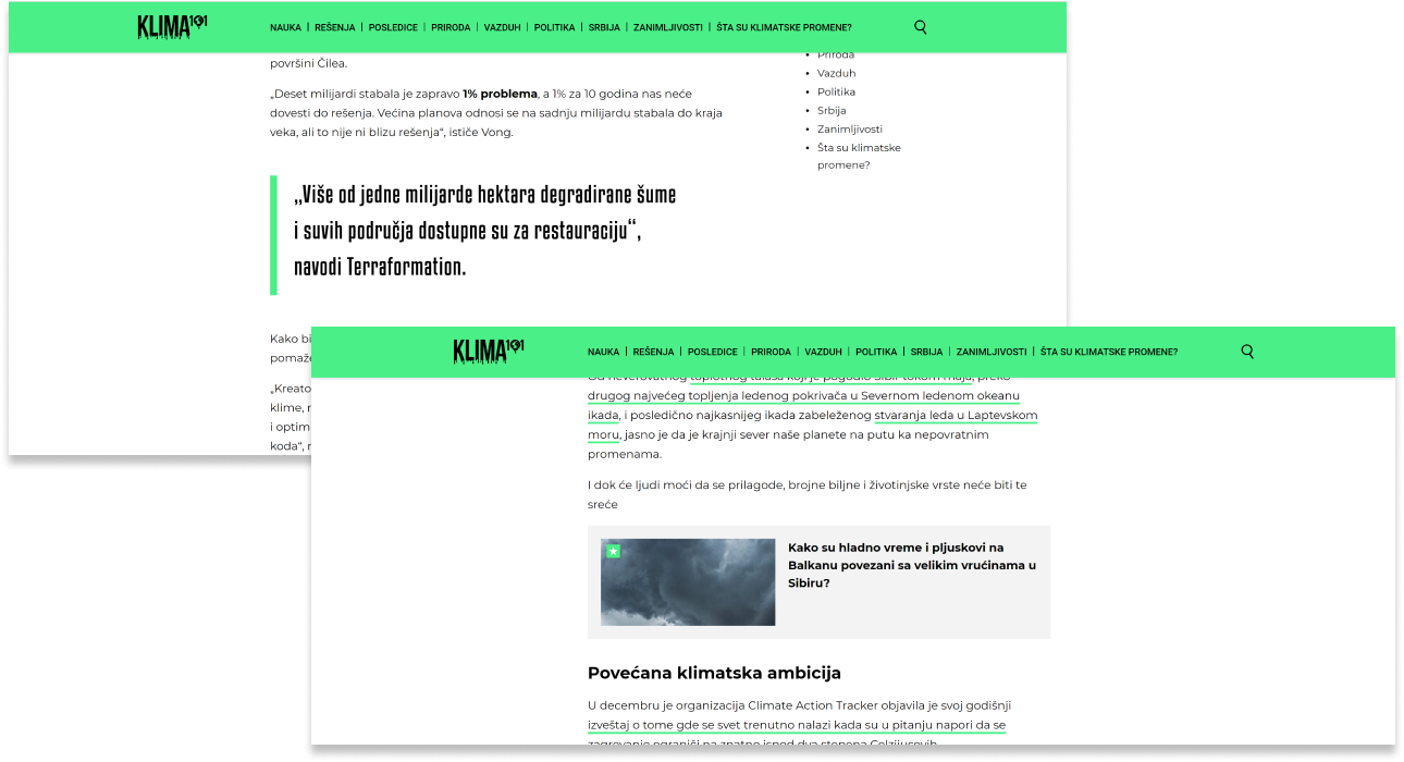 klima101 website redesign - a few sections of the single post page